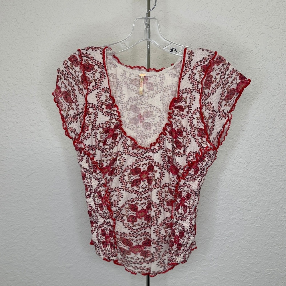 Free People Red Floral Mesh Lettuce Edge Smocked V-Neck Top Large
